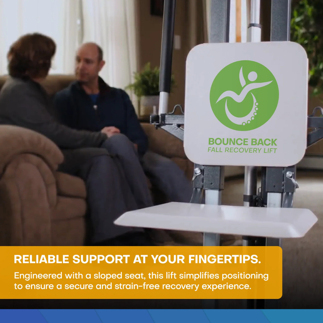 A Climbing Steps Bounce Back Fall Recovery Bariatric Patient Floor Lift with its logo is in the foreground; an older couple sits on a couch behind. The text emphasizes reliable support, ergonomic design, and independence.