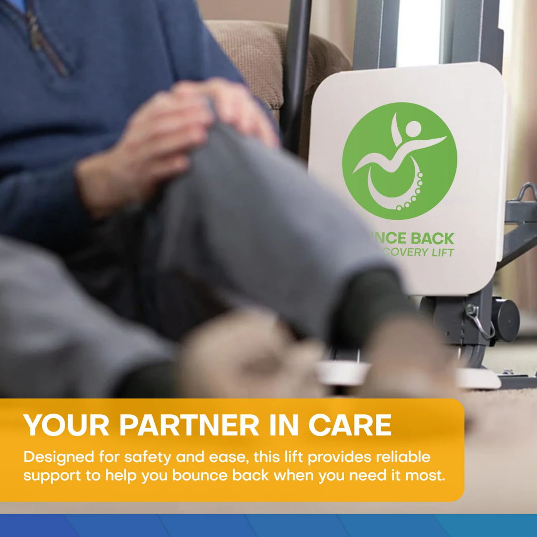 A person sits beside a Climbing Steps Bounce Back Fall Recovery Bariatric Patient Floor Lift, with a text overlay: Reliable support for safe, easy recovery—designed to help you bounce back when you need it most.