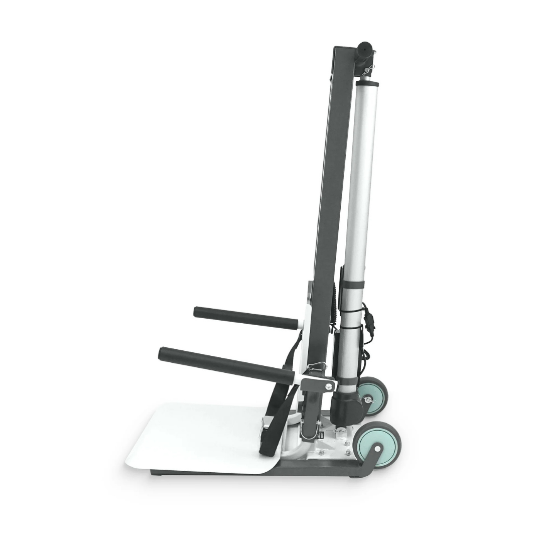 The Climbing Steps Bounce Back Fall Recovery Bariatric Patient Floor Lift is compact and foldable, featuring a white platform, two padded black handles, and teal wheels—ideal for independent living support.