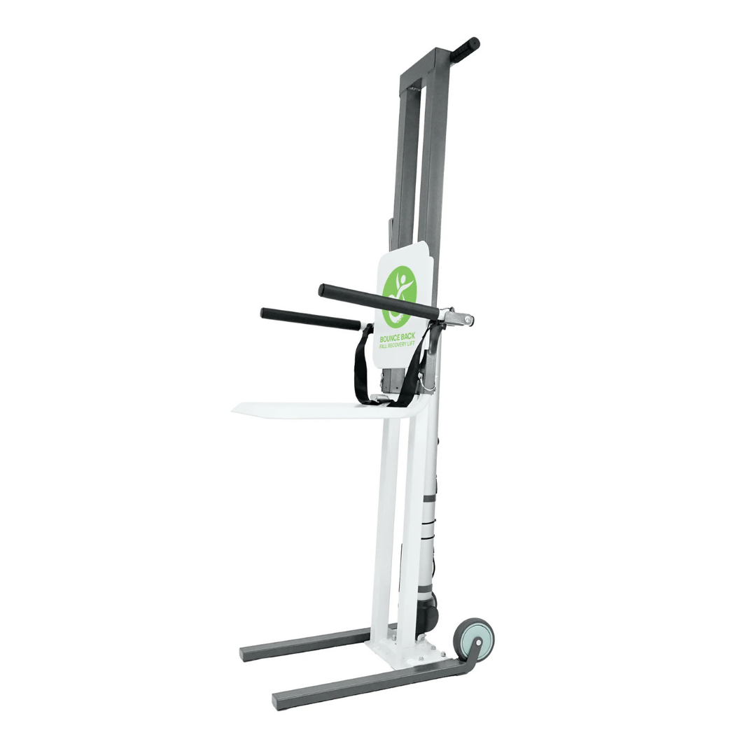 The Climbing Steps Bounce Back Fall Recovery Bariatric Patient Floor Lift is a white and gray portable lift with two wheels, handles, an adjustable platform, and a green front logo—designed for safe lifting and transport in independent living.