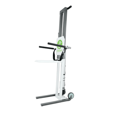 The Climbing Steps Bounce Back Fall Recovery Bariatric Patient Floor Lift is a white and gray portable lift with two wheels, handles, an adjustable platform, and a green front logo—designed for safe lifting and transport in independent living.