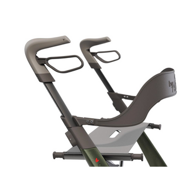 Close-up of a sleek, modern ByAcre Overland Carbon Fiber Rollator showcasing its green and brown handlebar area. The minimalist design features defined lines, emphasizing two ergonomic handles and a well-crafted seat structure for ultimate comfort.