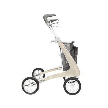 A beige and gray ByAcre Ultralight Carbon Fiber Rollator accessory with four wheels, ergonomic handles, and a black mesh basket offers stylish, sleek design for effortless mobility.