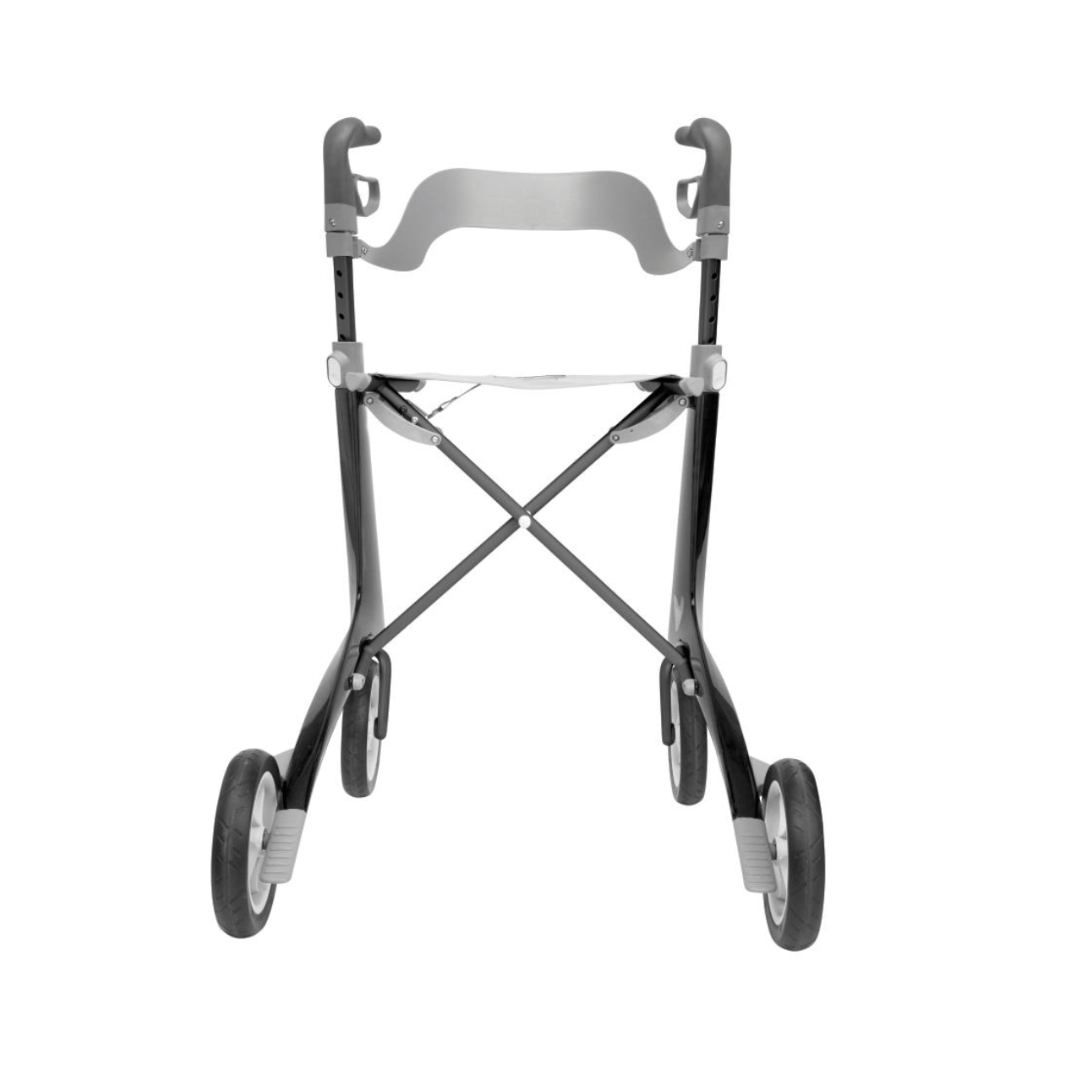 The ByAcre Accessories for the Ultralight Carbon Fiber Rollators boasts a minimalist black and gray design, with four wheels, a curved handlebar, and an adjustable central support bar to enhance functionality.