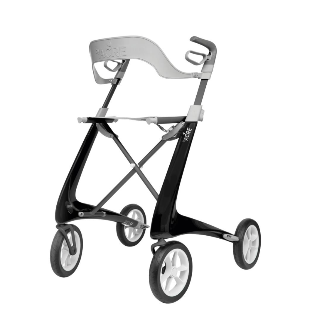 The ByAcre Ultralight Carbon Fiber Rollator is a modern, lightweight walker in black and white with four wheels and a sleek design, featuring ergonomic handles and a sturdy frame for excellent mobility support, seamlessly blending functionality with style.