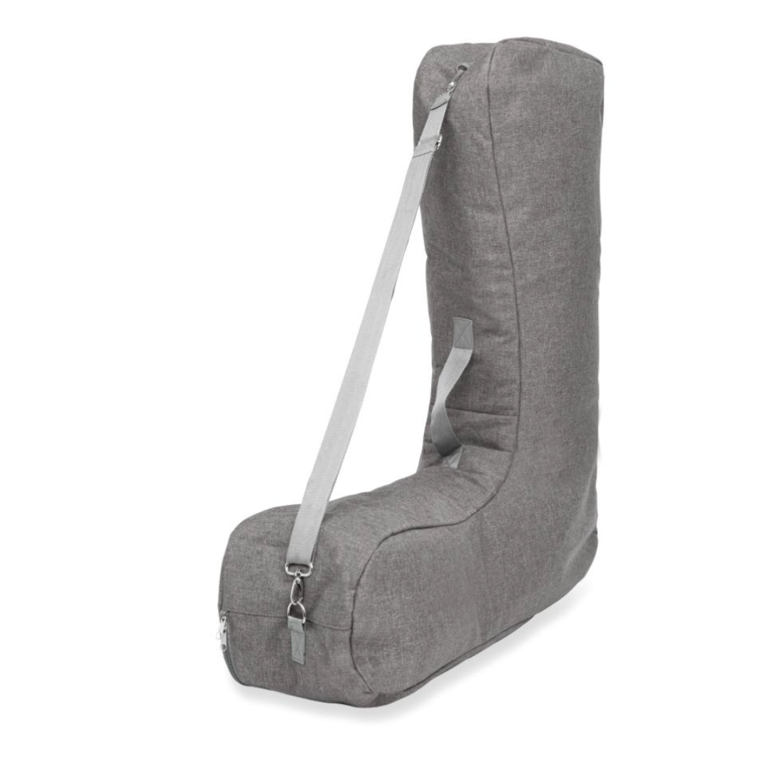 The ByAcre Accessories for the Ultralight Carbon Fiber Rollators feature a gray, L-shaped luggage made from soft fabric. Its long strap makes it ideal for carrying large or awkward items while traveling. The minimalist design blends style and functionality, with durable fabric ensuring longevity.