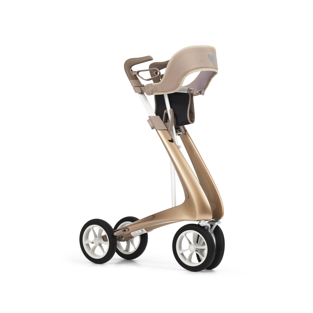 A modern, minimalist backrest for ByAcre Ultralight Carbon Fiber Rollators with a sleek metallic gold frame and beige seat, featuring a curved handle design—shown on a white background.