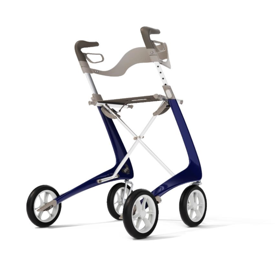 The ByACRE Ultralight Carbon Fiber Rollator, weighing 10.6 lbs, is a modern minimalist four-wheeled walker with an ultra-light carbon fiber frame, ergonomic beige handles, and pristine white wheels for stylish and effortless mobility.