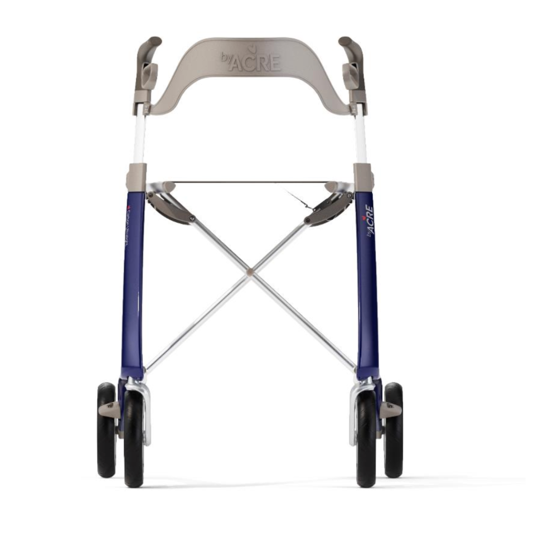 Front view of the ByACRE Ultralight Carbon Fiber Rollator, featuring an ergonomic design with four wheels and a curved handlebar, weighs 10.6 lbs.