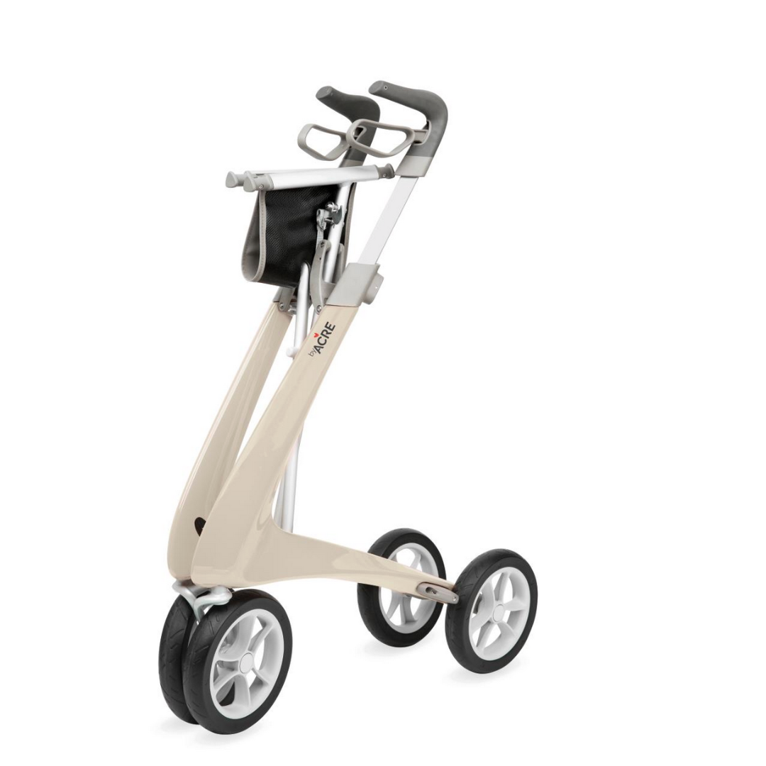 The ByACRE Ultralight Carbon Fiber Rollator, weighing just 10.6 lbs, is a beige mobility aid with four wheels and a narrow carbon fiber frame. It features ergonomic handlebars with brakes and a small black bag underneath, providing ultra-lightweight walking support with its modern design.
