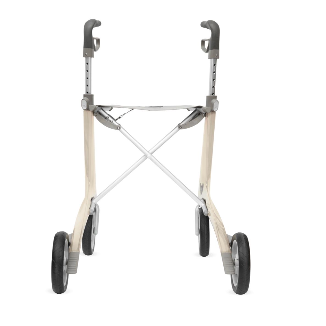 The ByACRE Ultralight Carbon Fiber Rollator weighs 10.6 lbs and features four wheels, with larger front ones, an adjustable carbon fiber frame, and ergonomic curved handles to provide superior support while walking.