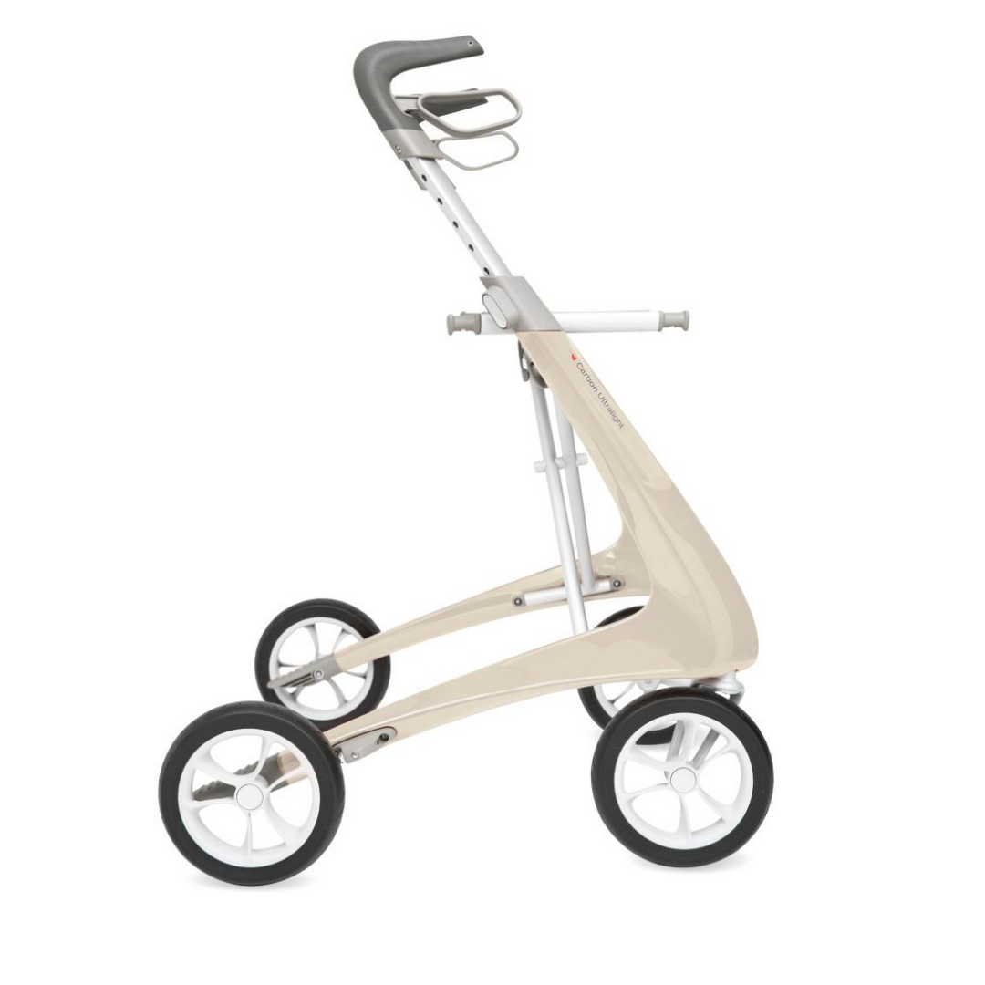 The ByACRE Ultralight Carbon Fiber Rollator, weighing 10.6 lbs, is a modern beige and white walker with four black wheels and ergonomic handles. Its designed for mobility assistance with a durable carbon fiber frame, offering an ultra-lightweight and minimalist look.