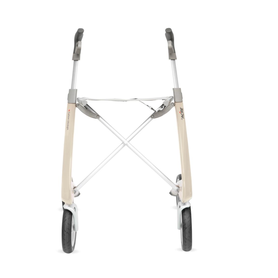 The ByACRE Ultralight Carbon Fiber Rollator, weighing just 10.6 lbs, is viewed from the back and showcases its durable carbon fiber frame with two rear wheels and ergonomic gray curved handles that enhance its sleek, compact design.