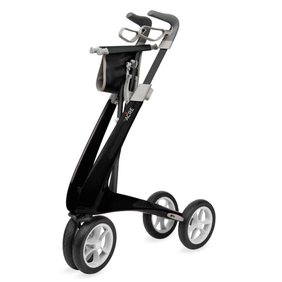 The ByACRE Ultralight Carbon Fiber Rollator, weighing just 10.6 lbs, features a sleek black and gray design with four wheels and ergonomic handles. Its compact form includes a small storage pouch near the handle, making it perfect for easy transportation and maneuverability.