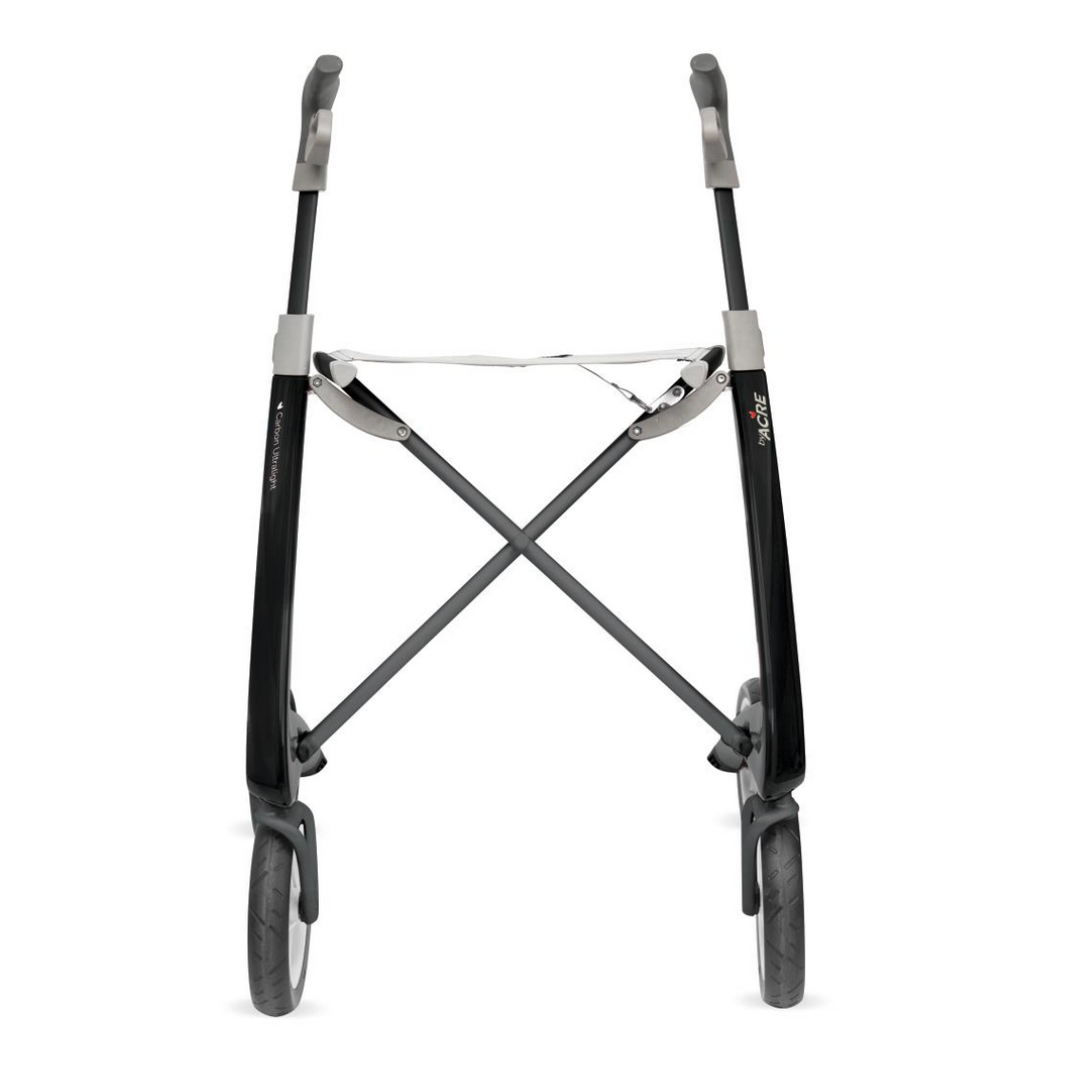 The ByACRE Ultralight Carbon Fiber Rollator weighs just 10.6 lbs and features a foldable carbon fiber frame, ergonomic handles, large wheels, an X-shaped structure, and a sleek black and gray design.