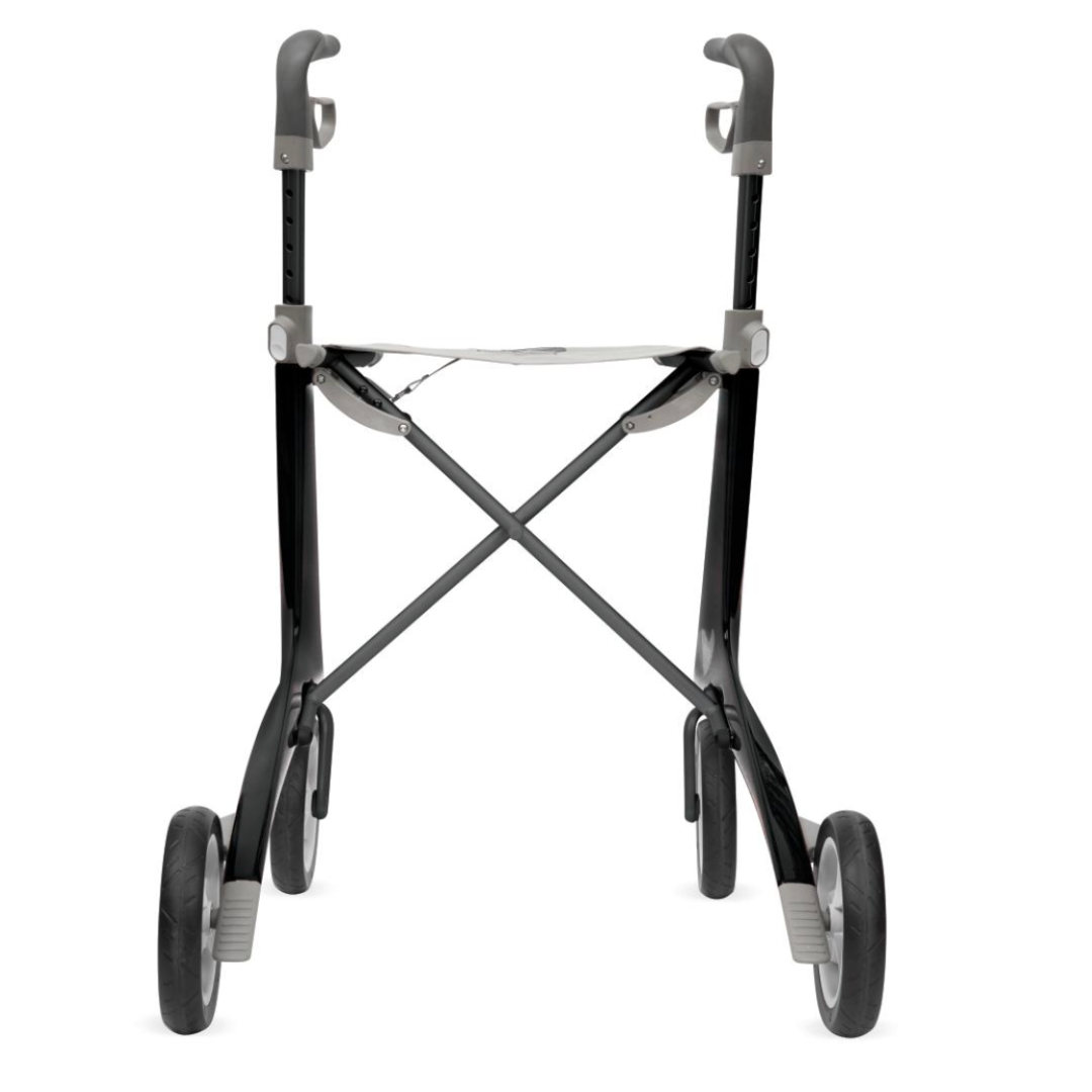 The ByACRE Ultralight Carbon Fiber Rollator, weighing just 10.6 lbs, is a foldable black and gray walker with an ultra-light design. It features four wheels, ergonomic handles, and a front view showcasing its cross-braced structure and sturdy carbon fiber frame for enhanced mobility assistance.