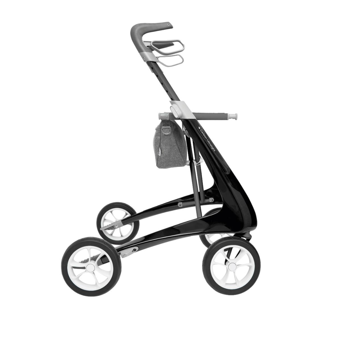 The ByACRE Ultralight Carbon Fiber Rollator is a modern, four-wheel walker with an ultra-light 10.6 lb carbon fiber frame. It features ergonomic handles, a small gray bag, and a sleek black and silver design that emphasizes convenient mobility.