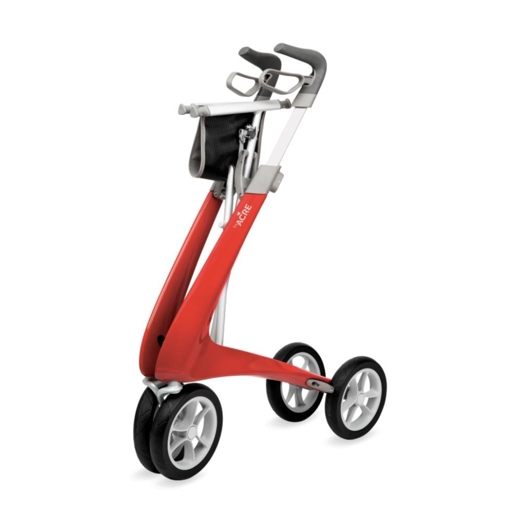 The ByACRE Ultralight Carbon Fiber Rollator, weighing just 10.6 lbs, boasts a red and black modern design with four wheels, ergonomic handles, and a top-mounted small storage pouch for style and functionality on the go.