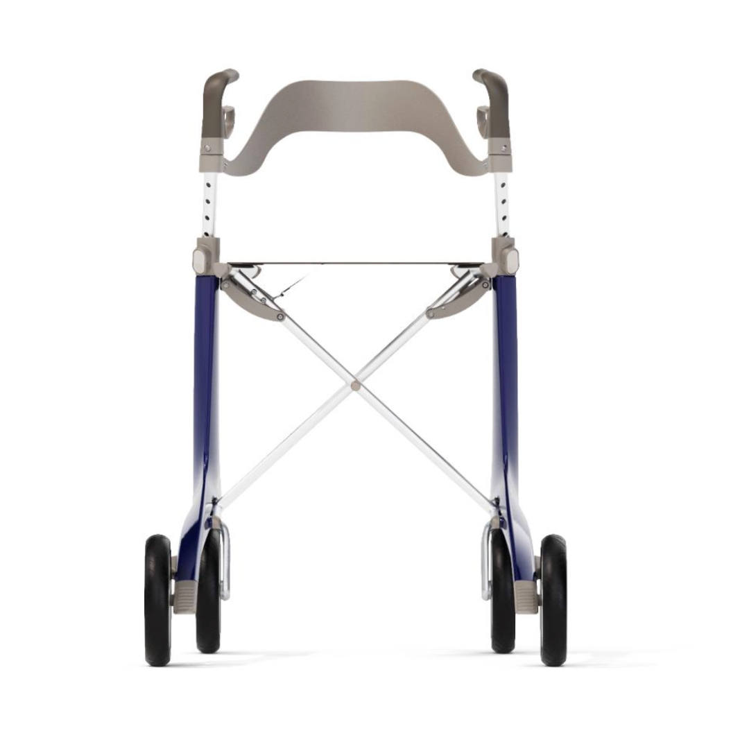 The ByACRE Ultralight Carbon Fiber Rollator, weighing just 10.6 lbs, boasts a front view of a blue and silver design with ergonomic handles and a minimalist style for exceptional support and mobility.