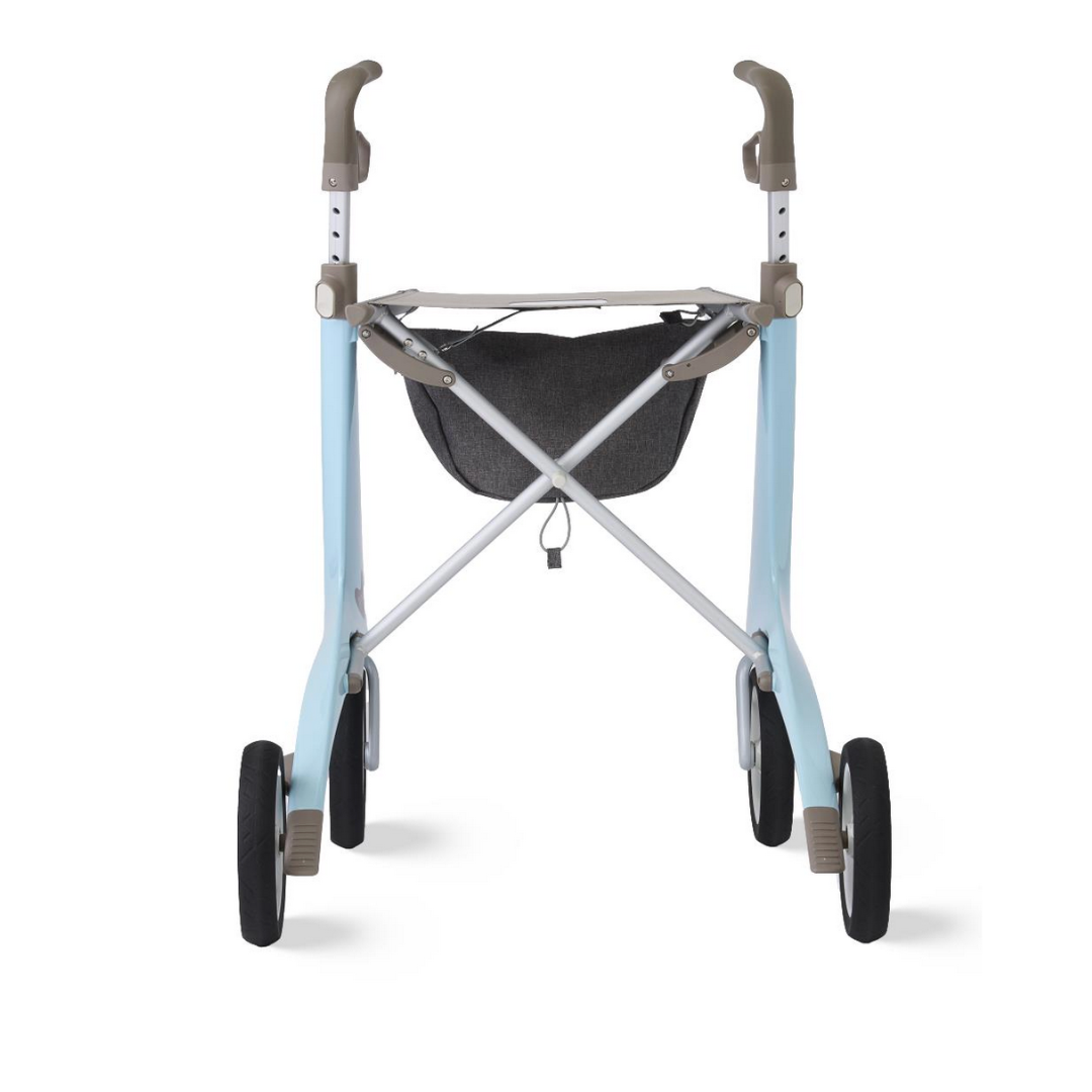 The ByACRE Ultralight Carbon Fiber Rollator (10.6 lbs) is shown in blue with four black wheels, gray handles, and a small black center pouch, viewed from the back against a white background.