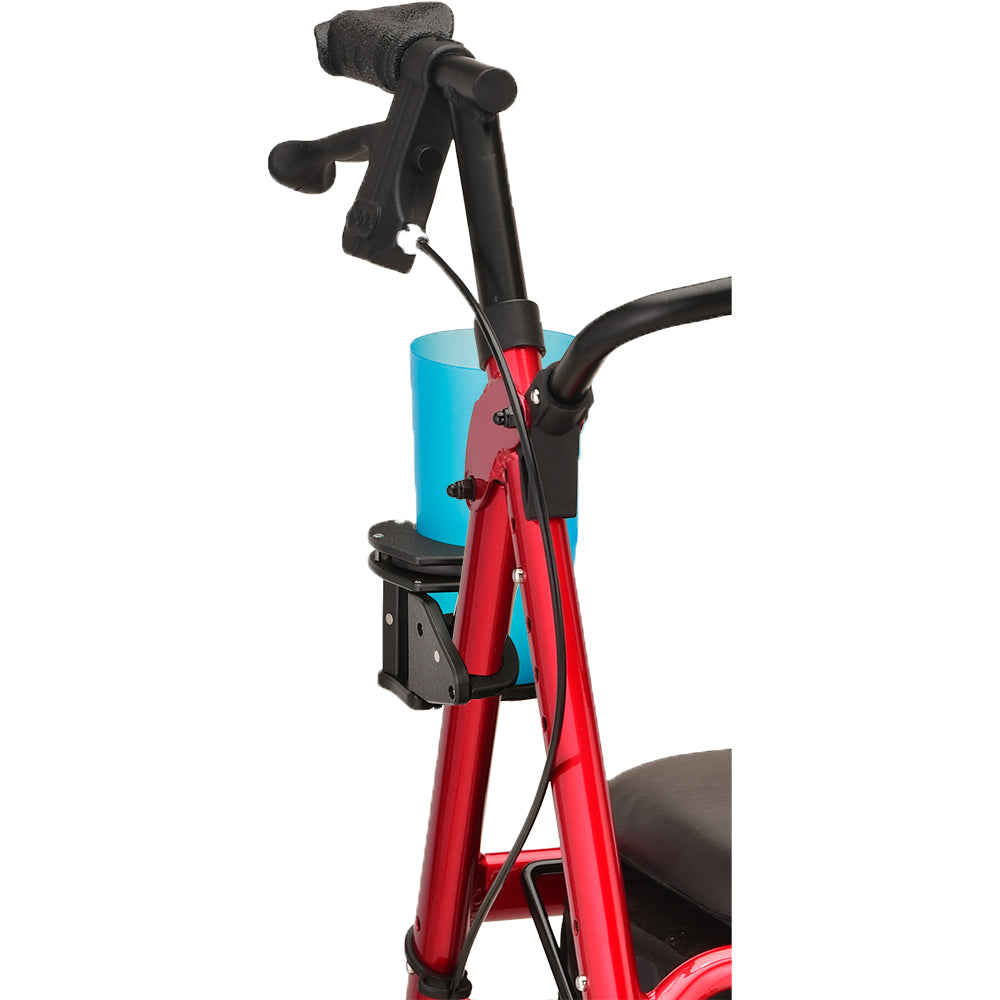 Close-up of a red mobility scooter handlebar with a black grip, folding cup holder attached, and blue cup inside. The seat is partially visible—ideal for fans of Nova Medical Star Series & Express Rollator Accessories.