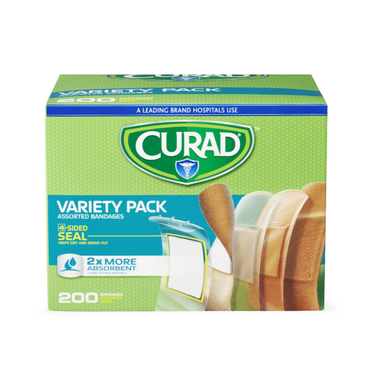 A green box of CURAD Variety Pack Assorted Bandages - 4-Sided Seal Protection, featuring images of bandages and text boasting 2x more absorbency. Contains 200 assorted first aid bandages.