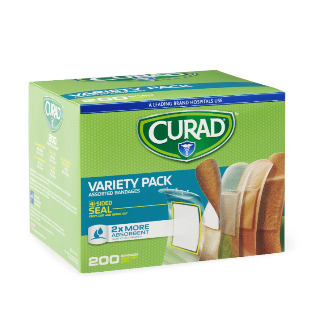 A green CURAD Variety Pack Assorted Bandages box offers 200 first aid bandages with images of various types, featuring 4-sided seal protection and being 2x more absorbent—ideal for wound care.