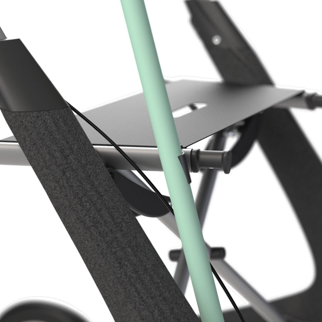 Close-up of the Cane Holder for byACRE Nordic Pioneer Rollator, shown attached to a modern stroller frame with a light green support bar, black fabric, and metallic components, highlighting its design and integrated functionality.