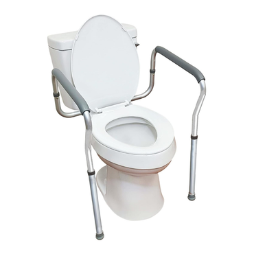 The Carex Adjustable Toilet Safety Rails provide support on both sides of a white toilet with an open lid, making it safer and easier to use for individuals with mobility challenges.