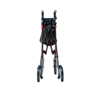 The Carex Aspen Folding Dual-Height Rollator with XL All-Terrain Wheels features a lightweight aluminum frame, four wheels, and a black storage bag, displayed from the front against a white background.