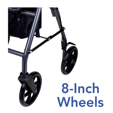 Close-up of the Carex Classic Portable Folding Steel Rollator’s black frame with two large 8 black wheels, highlighting comfortable mobility. 8-Inch Wheels is shown in blue letters on a white background.