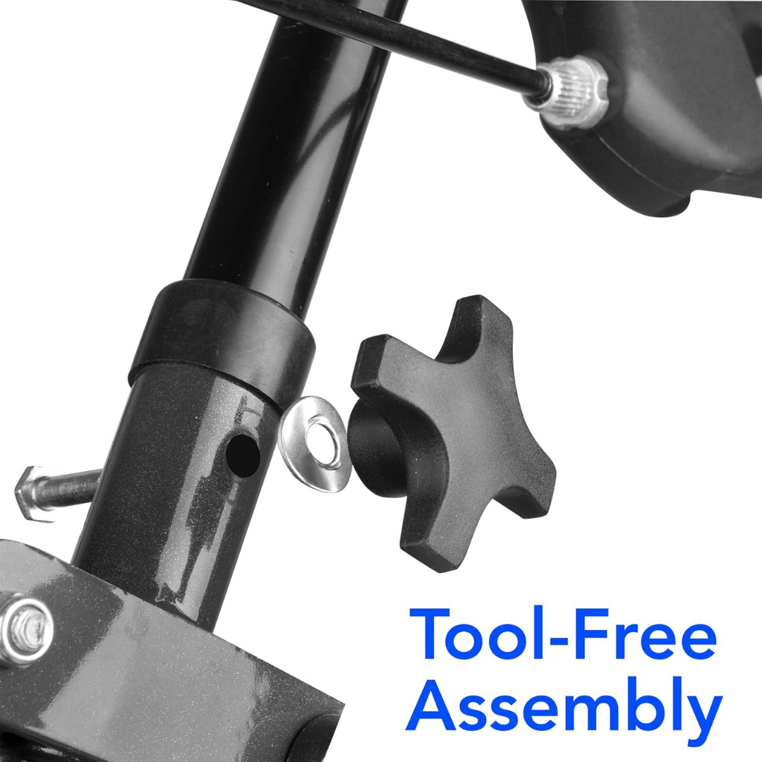 Close-up of a black knob on the Carex Classic Portable Folding Steel Rollator with 8 Wheels, showing tool-free assembly for easy hand tightening. Tool-Free Assembly in blue text highlights effortless setup and comfortable mobility.