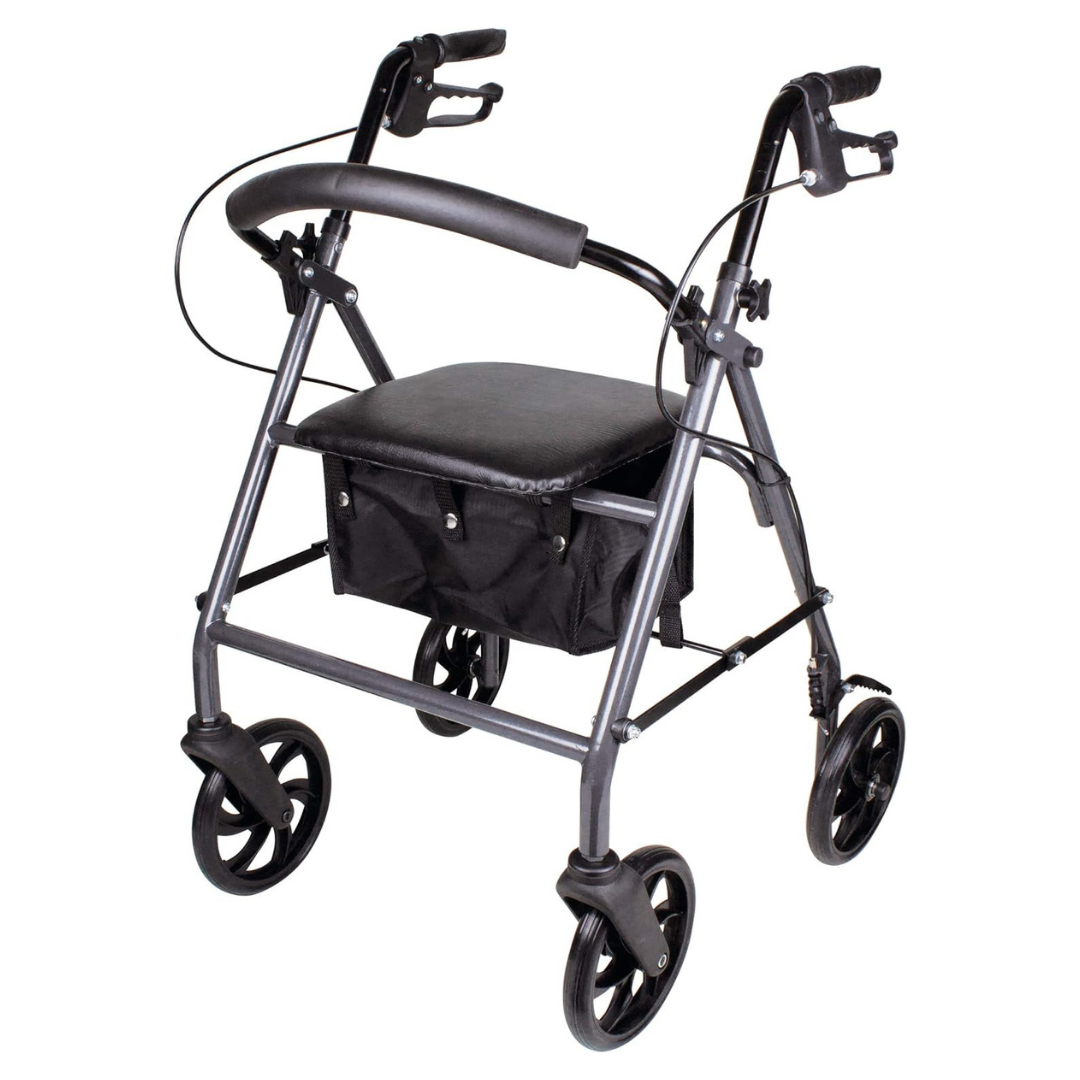 The Carex Classic Portable Folding Steel Rollator with 8 Wheels provides comfortable mobility with a padded seat, curved backrest, hand brakes, and a storage pouch under the seat. Its foldable design makes it ideal for everyday use.