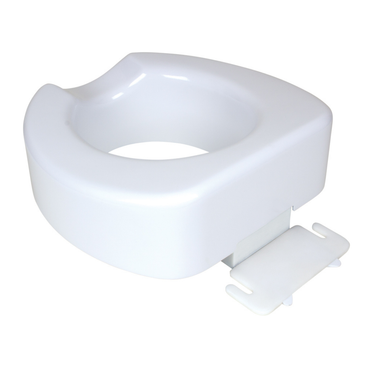 The Carex 4" Toilet Seat Riser With Quick-Lock is a white, plastic seat riser featuring a contoured design and an adjustable locking mechanism for secure attachment to standard toilet bowls.