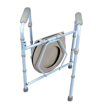 The Carex Deluxe Folding Commode, with light blue metal legs and gray armrests, features a foldable toilet seat for compact storage. Rubber tips on the legs provide stability and safety, making it an ideal toilet safety frame for various settings.