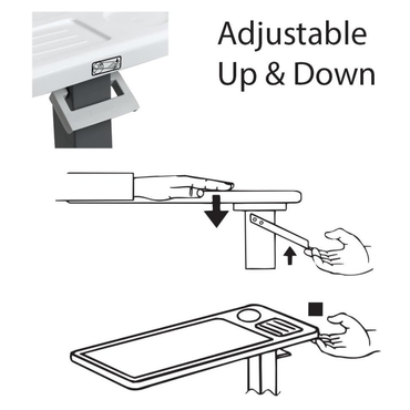 Diagram showing how to adjust the Carex Height Adjustable Rolling Overbed Table with XL Surface up and down by pressing a lever under the tabletop. The top right text reads Adjustable Up & Down.