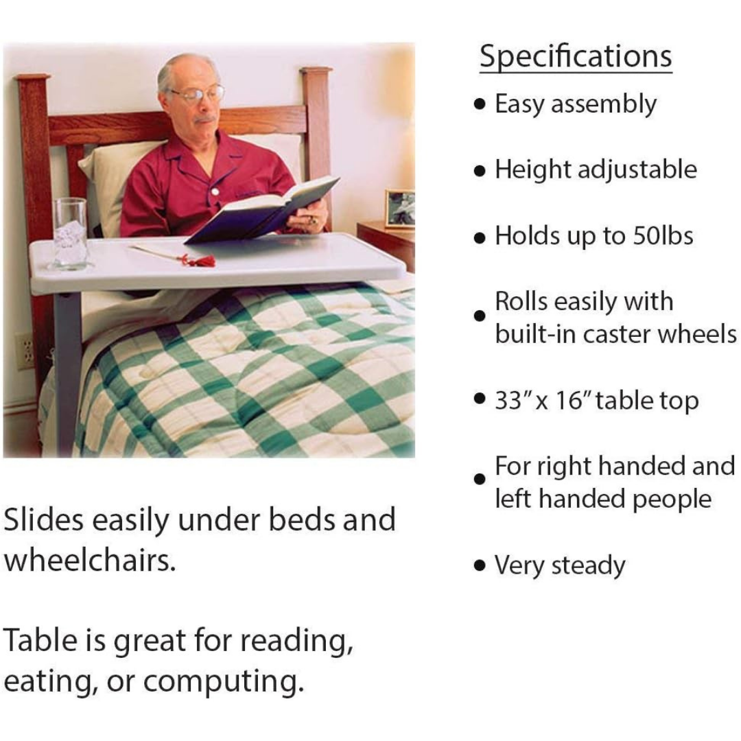 An older man sits in bed using the Carex Height Adjustable Rolling Overbed Table with XL Surface, which holds a book and glasses. It features easy assembly, height adjustment, and built-in wheels for effortless movement.