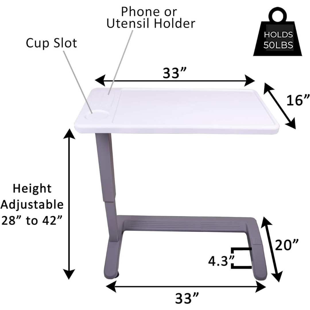 The Carex Height Adjustable Rolling Overbed Table with XL Surface has gray legs, a cup slot, and a phone/utensil holder. It measures 33x16, adjusts from 28–42 high, supports up to 50 lbs, and is ideal as a hospital bed table.