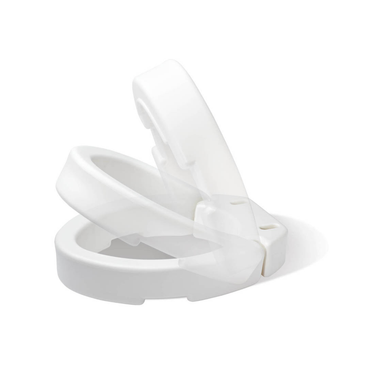 The Carex Hinged Toilet Seat Riser - Add 3.5 Inches is displayed in three tilted open positions against a plain white background.