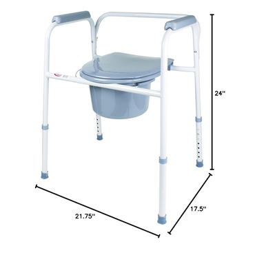 The Carex Steel 3-In-1 Folding Commode Chair features a gray seat and bucket, white metal frame, and gray armrests. At 24" tall, 21.75" wide, and 17.5" deep, it's a portable bathroom toilet for bedside or travel use.