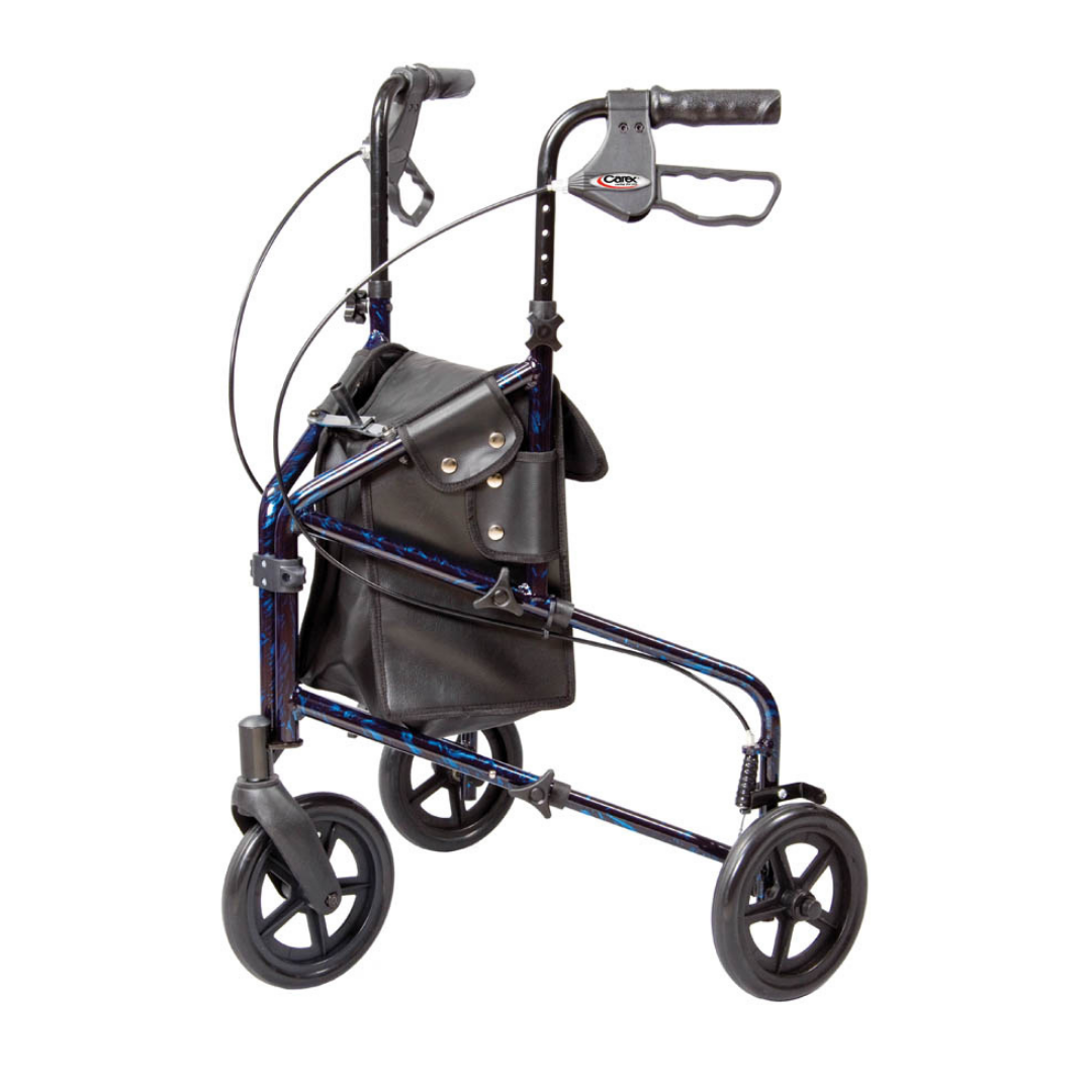 The Carex Trio Roller 3-Wheel Walker Rollator offers a lightweight, three-wheel design with hand and locking brakes, a black storage pouch, and large wheels for reliable mobility support.