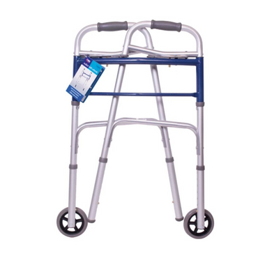 The Carex Classics Dual Button Folding Walker with Wheels features lightweight silver metal construction, gray hand grips, an attached product tag, and offers adjustable height for a customized fit to assist mobility.