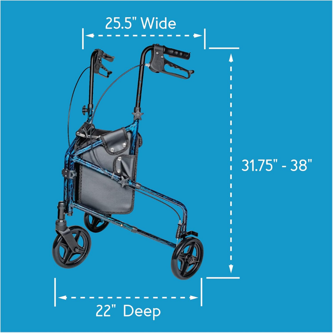 The Carex Trio Roller 3-Wheel Walker Rollator is a lightweight walker with hand brakes and a storage pouch. It measures 25.5 wide, 22 deep, and features adjustable handle height from 31.75 to 38. Shown against a blue background.