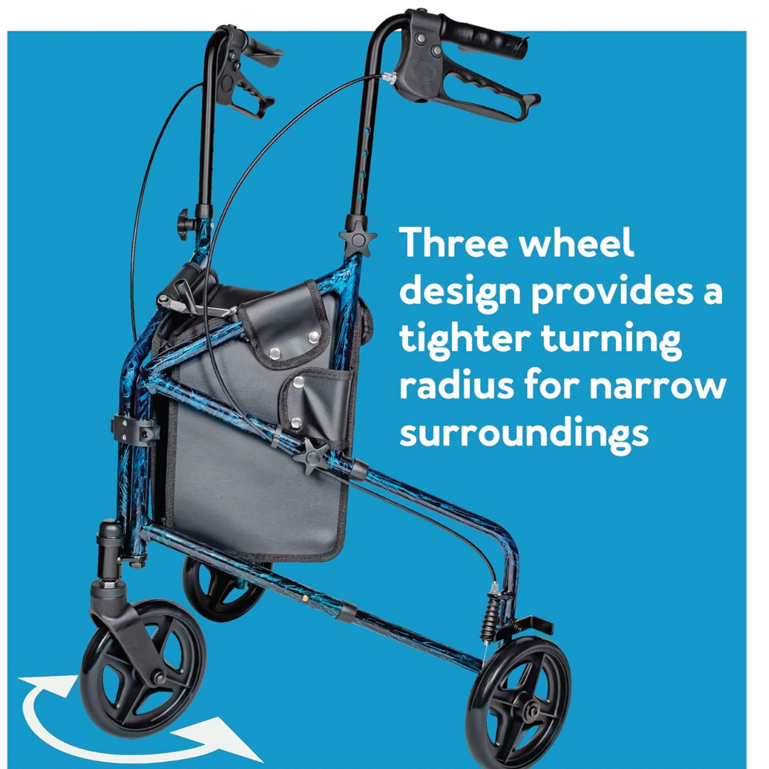 The Carex Trio Roller 3-Wheel Walker Rollator, featuring black handles and a storage pouch, is shown on a blue background. Text: Lightweight walker with tight turning radius for narrow spaces—ideal mobility aid.