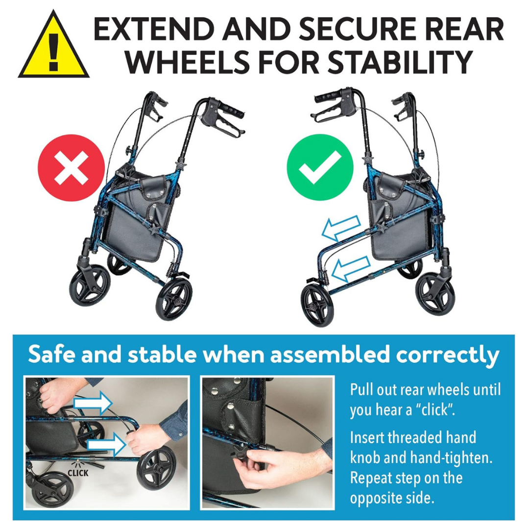 Instructional image showing how to extend and secure the rear wheels of the Carex Trio Roller 3-Wheel Walker Rollator for stability—a red X marks incorrect assembly, while a green check shows correct. Close-up highlights tightening the knob until it clicks.