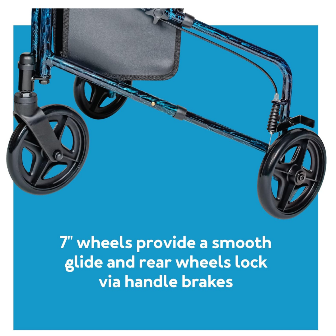 Close-up of a Carex Trio Roller 3-Wheel Walker Rollator frame with two large black wheels on a blue background. Text: “Three wheels offer smooth movement; rear wheels lock easily using handle brakes for safety.”.