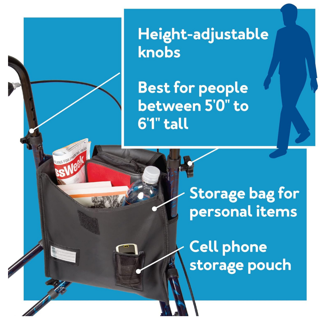 The Carex Trio Roller 3-Wheel Walker Rollator features height-adjustable knobs for users 50–61, a storage bag, and a cell phone pouch, shown holding magazines, a book, water bottle, and phone.