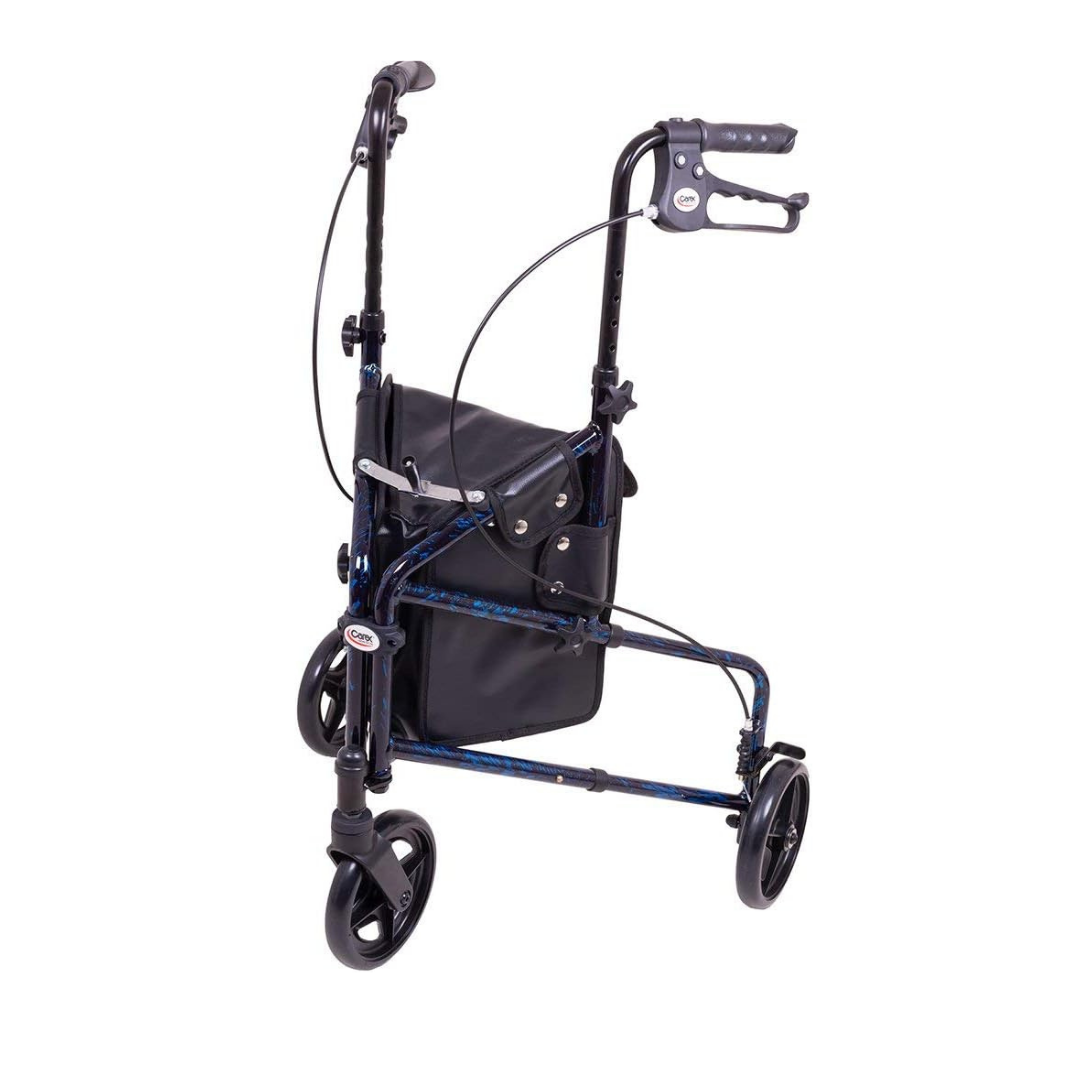 The Carex Trio Roller 3-Wheel Walker Rollator features a lightweight three-wheel design, hand brakes, height-adjustable handles, a front black storage bag, and a sturdy blue and black metal frame.