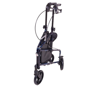 The Carex Trio Roller 3-Wheel Walker Rollator has a lightweight frame, handlebars, locking hand brakes, and a black storage pouch. Shown folded upright, its easy to store or transport.