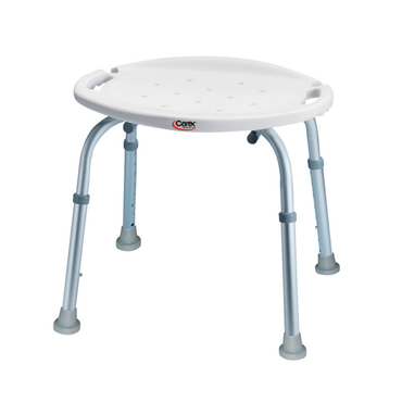 The Carex Bath Chair and Shower Chair features a round, white plastic seat with drainage holes, adjustable aluminum legs, and rubber tips for stability—ideal for elderly users seeking comfort and safety in the bath or shower.